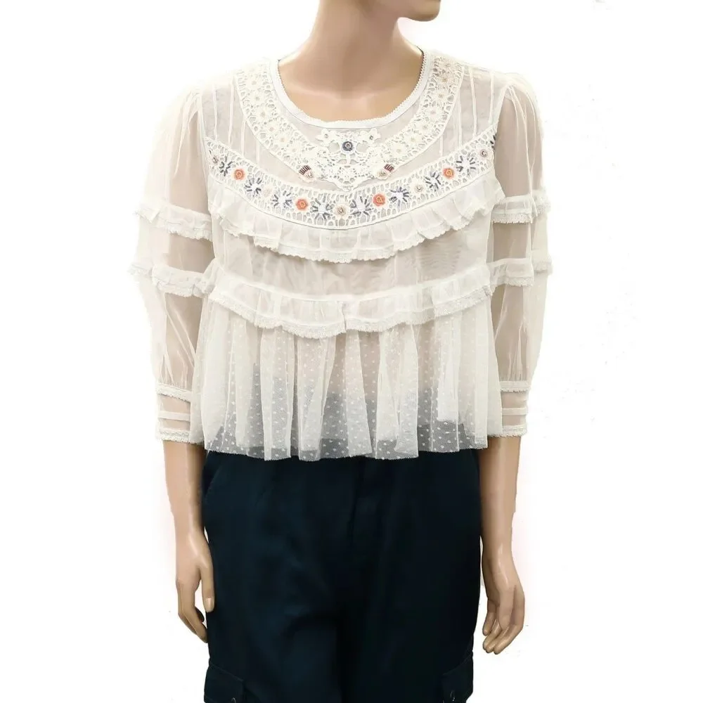 Free People Daisy Daze Blouse Top Ruffle Embroidered Lace Sheer Sequin XS 289937